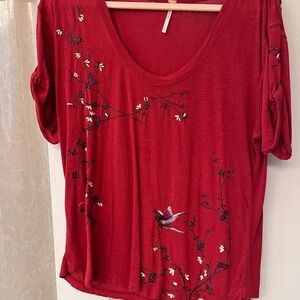 Red Free People tshirt.  Embroidered size medium.  NWOT.